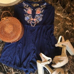 📌3/$22 Navy Blue Romper with Floral Embroidery